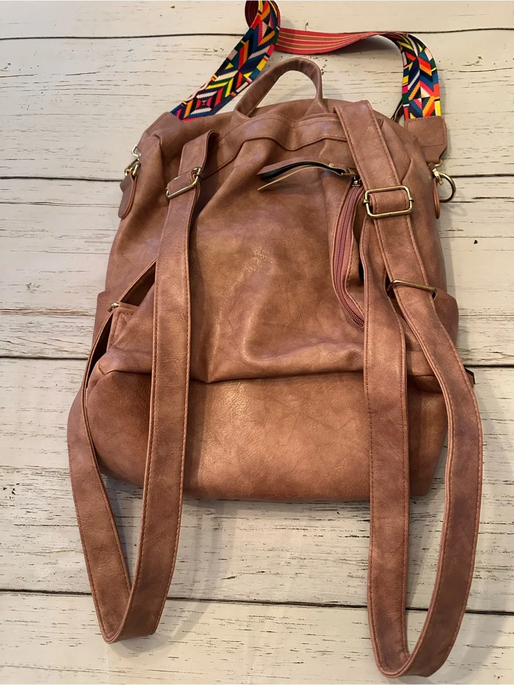 Blush Pink Vegan Leather Backpack with Colorful Strap